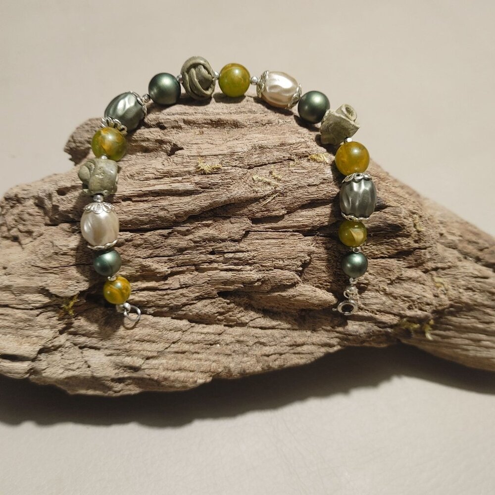 Bead Bracelet Silver Clay Pearls Handcrafted Nature Inspired Green Yellow Cream